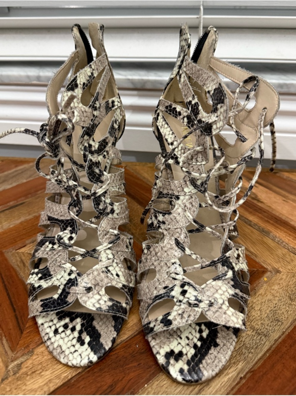 Nine West Snake-Print Lace-Up Gladiator Heels in Neutral Black and Cream Size 9